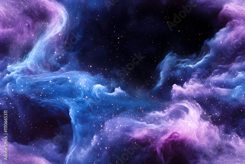There is a gradient of blue and purple in the background, swirling white powder that has a blue glow.