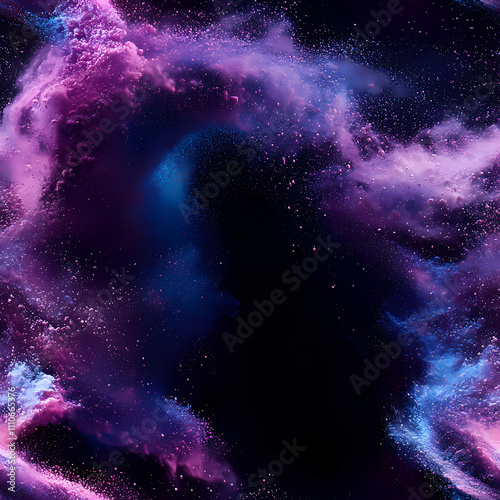 There is a gradient of blue and purple in the background, swirling white powder that has a blue glow.