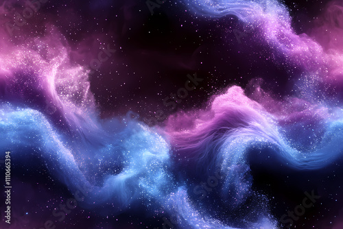 There is a gradient of blue and purple in the background, swirling white powder that has a blue glow.