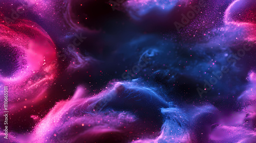 There is a gradient of blue and purple in the background, swirling white powder that has a blue glow.