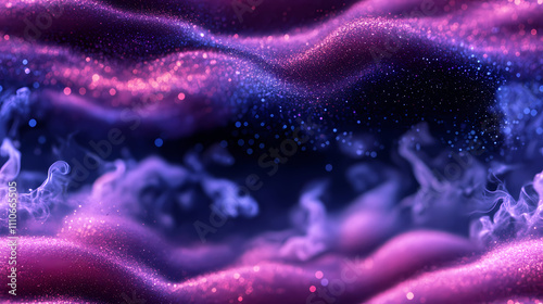 There is a gradient of blue and purple in the background, swirling white powder that has a blue glow.