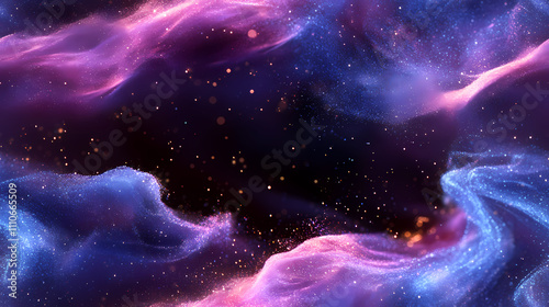 There is a gradient of blue and purple in the background, swirling white powder that has a blue glow.