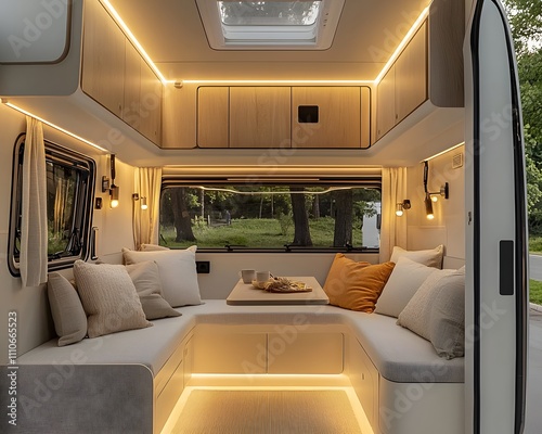 Premium caravan living space with modern furniture and natural materials. Soft lighting and sleek finishes for a comfortable and stylish road trip. photo