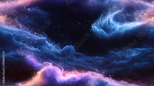 There is a gradient of blue and purple in the background, swirling white powder that has a blue glow.