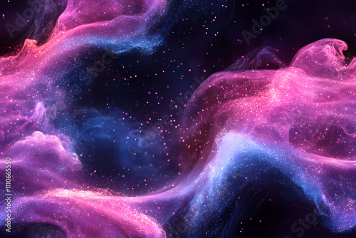 There is a gradient of blue and purple in the background, swirling white powder that has a blue glow.