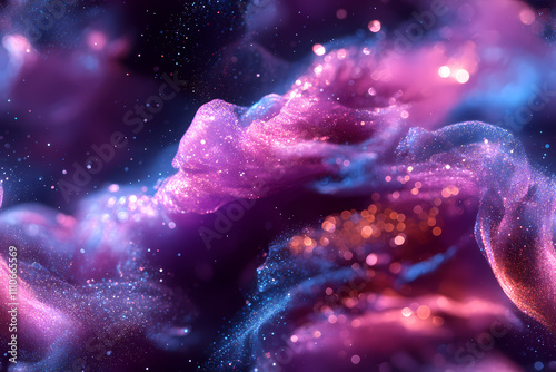 There is a gradient of blue and purple in the background, swirling white powder that has a blue glow.