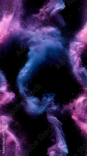 There is a gradient of blue and purple in the background, swirling white powder that has a blue glow.