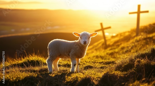 Wallpaper Mural Side view of a lamb near the three crosses, with warm sunlight casting long shadows on the hill. Torontodigital.ca