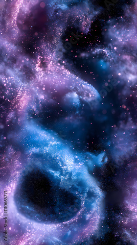There is a gradient of blue and purple in the background, swirling white powder that has a blue glow.