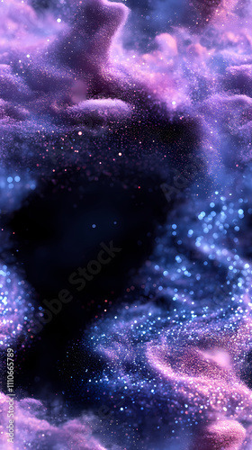 There is a gradient of blue and purple in the background, swirling white powder that has a blue glow.
