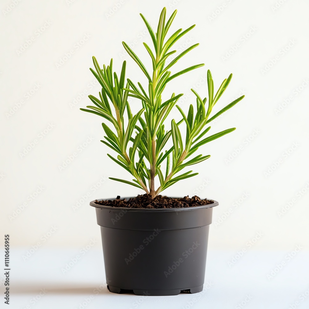 Fresh rosemary plant in a black pot on a clean background. Fresh rosemary plant in a black pot on a clean background.