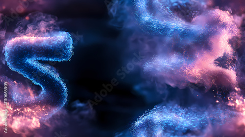 There is a gradient of blue and purple in the background, swirling white powder that has a blue glow.