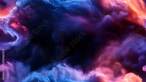 There is a gradient of blue and purple in the background, swirling white powder that has a blue glow.