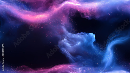 There is a gradient of blue and purple in the background, swirling white powder that has a blue glow.