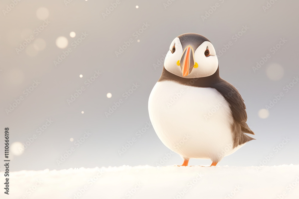 Puffin standing on snowy ground with curious expression Puffin standing on snowy ground with curious expression