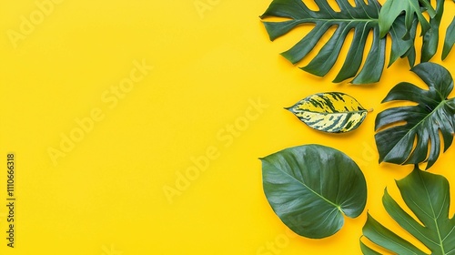 Vibrant Tropical Leaves on Yellow Background for Nature Themes photo