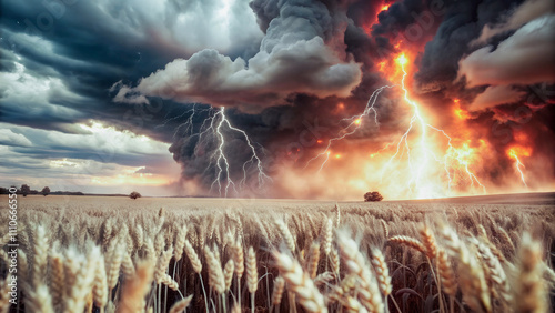  A dramatic sky of fire and lightning, above a golden wheat field.Powerful storm clouds, filled with intense lightning, loom over a serene wheat field.