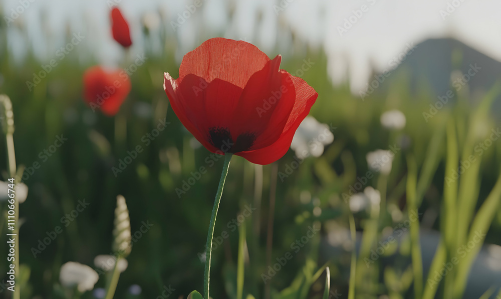 Obraz premium Vibrant red poppy flower in a field, soft focus background, summer sunlight.