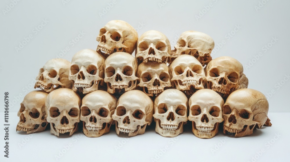 Skull heap arranged intricately with side profiles visible, on a clean white background for focus Skull heap arranged intricately with side profiles visible, on a clean white background for focus