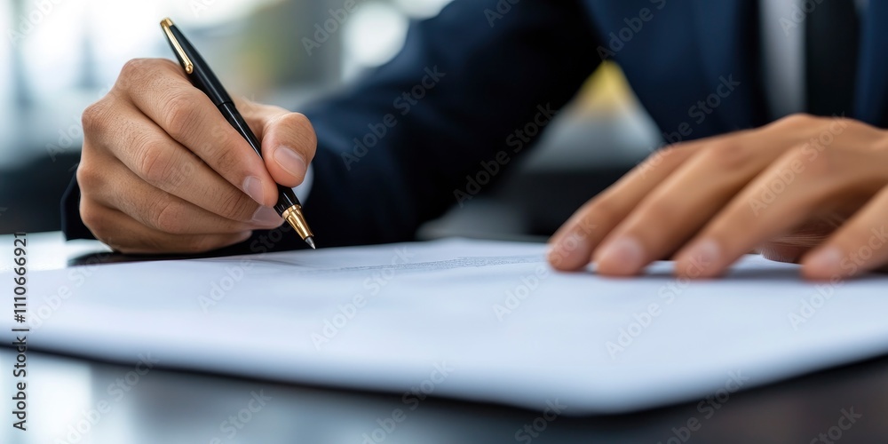 A man in a suit is writing with a pen on a piece of paper A man in a suit is writing with a pen on a piece of paper