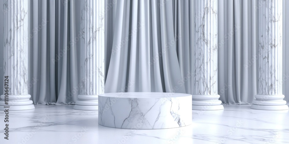 White marble podium with curtains on the background of columns. White marble podium with curtains on the background of columns.