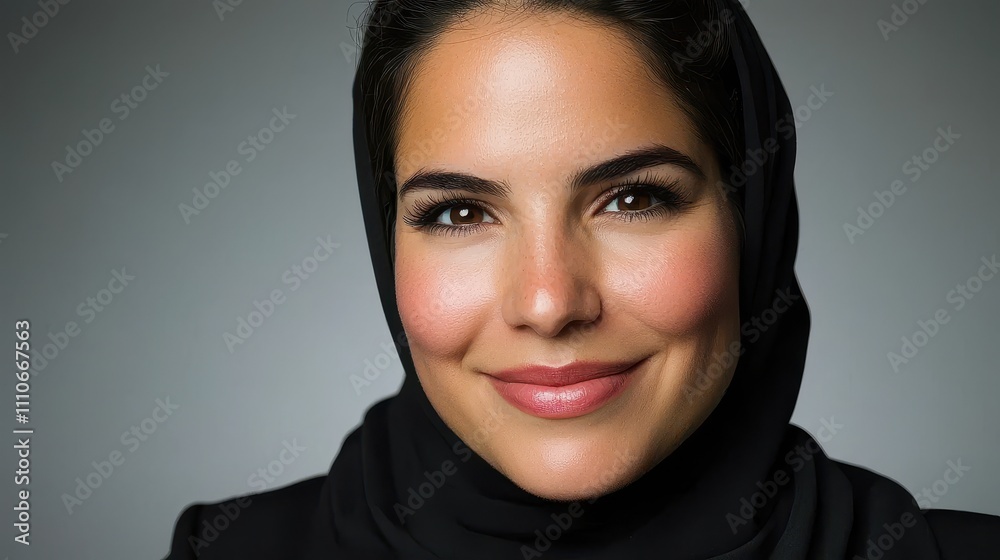 Smiling Woman in Black Hijab with Warm Expression and Neutral Background Smiling Woman in Black Hijab with Warm Expression and Neutral Background