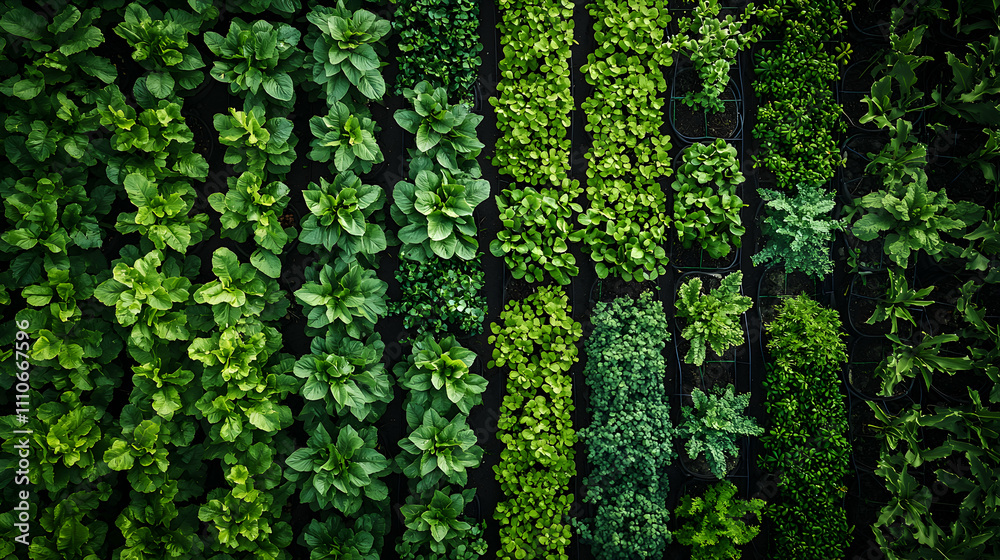 Aerial View of Lush Green Vegetable Garden Rows