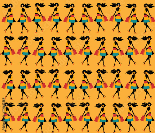 Seamless pattern with stylish women carrying shopping bags, perfect for fashion and retail designs.
