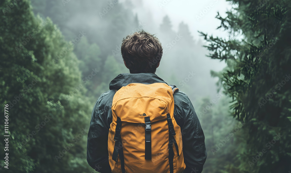 Man with backpack hiking in misty forest, rear view, adventure, travel, nature. Man with backpack hiking in misty forest, rear view, adventure, travel, nature.