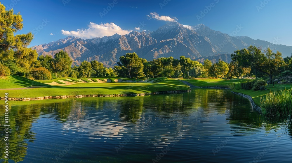 Fototapeta premium Serene golf course landscape with mountains and reflections in the water under a clear sky.