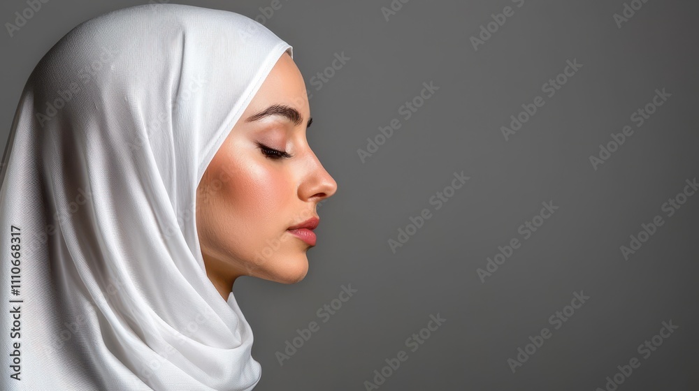 Elegant Woman in White Hijab with Serene Expression and Profile View Elegant Woman in White Hijab with Serene Expression and Profile View