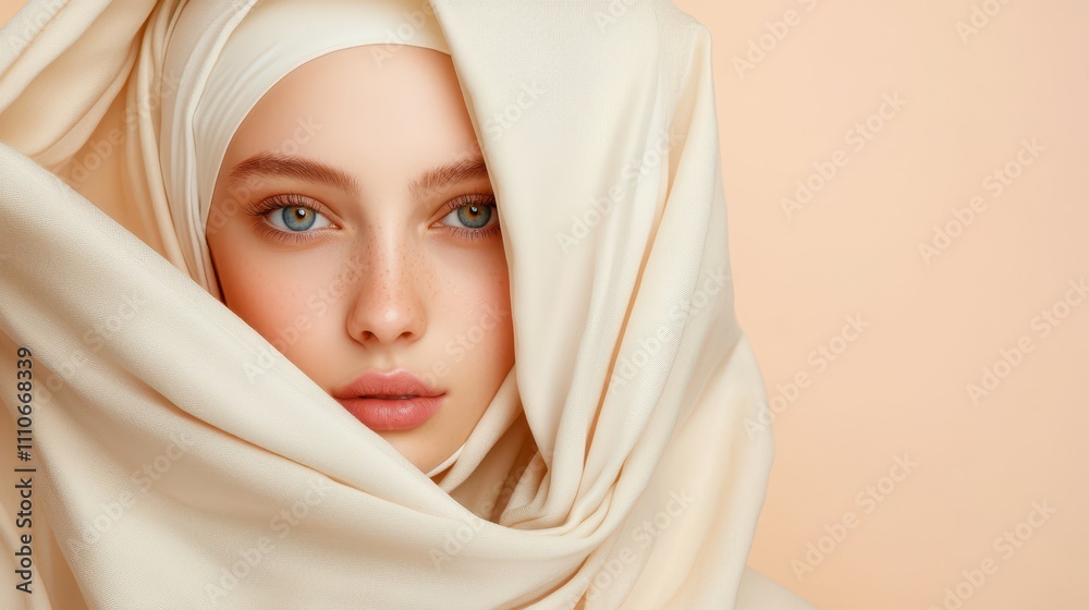 Beautiful portrait of a woman in soft fabric headscarf on beige background Beautiful portrait of a woman in soft fabric headscarf on beige background
