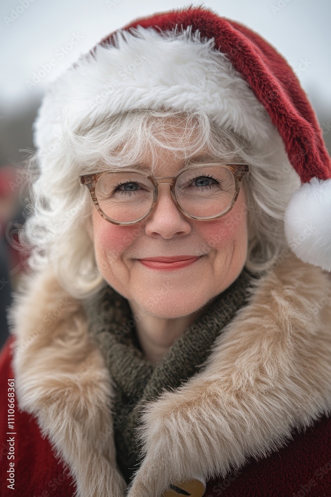 A joyful older woman wearing a festive red Santa hat and stylish glasses, wrapped in a warm fur-lined coat, embodying the spirit of the holiday season. A joyful older woman wearing a festive red Santa hat and stylish glasses, wrapped in a warm fur-lined coat, embodying the spirit of the holiday season.