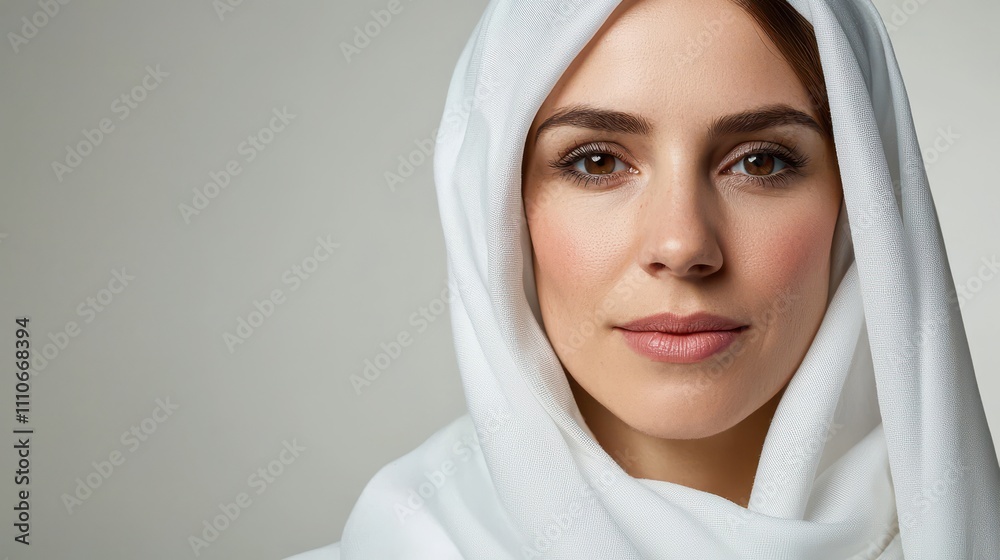 Young Woman in White Headscarf with Soft Natural Makeup Young Woman in White Headscarf with Soft Natural Makeup