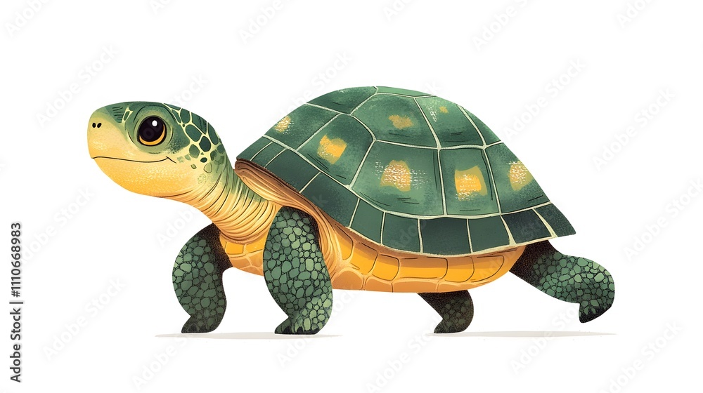 Obraz premium Friendly&nbsp;cartoon turtle with detailed green shell pattern and yellow-brown underbelly, presented in side&nbsp;view walking pose with textured scales in&nbsp;children's book illustration&nbsp;style. 