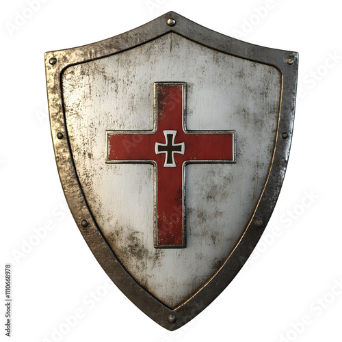 Metal medieval crusader shield featuring red jerusalem cross isolated on transparent background, perfect for history or fantasy projects photo