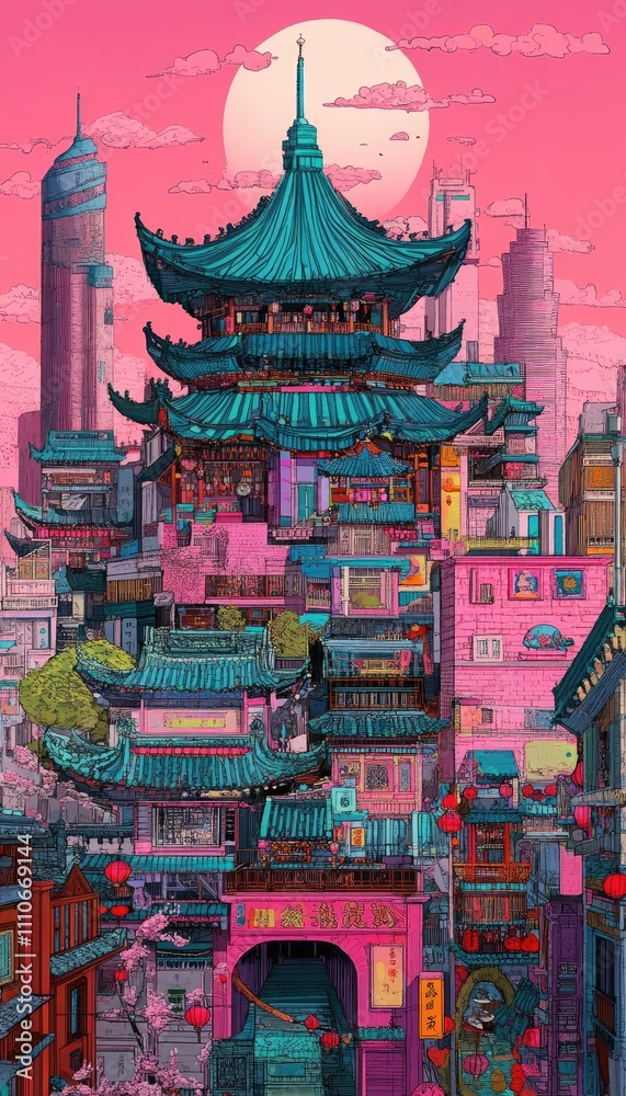 Fototapeta premium A vibrant urban depiction of a modern Chinese city with traditional elements