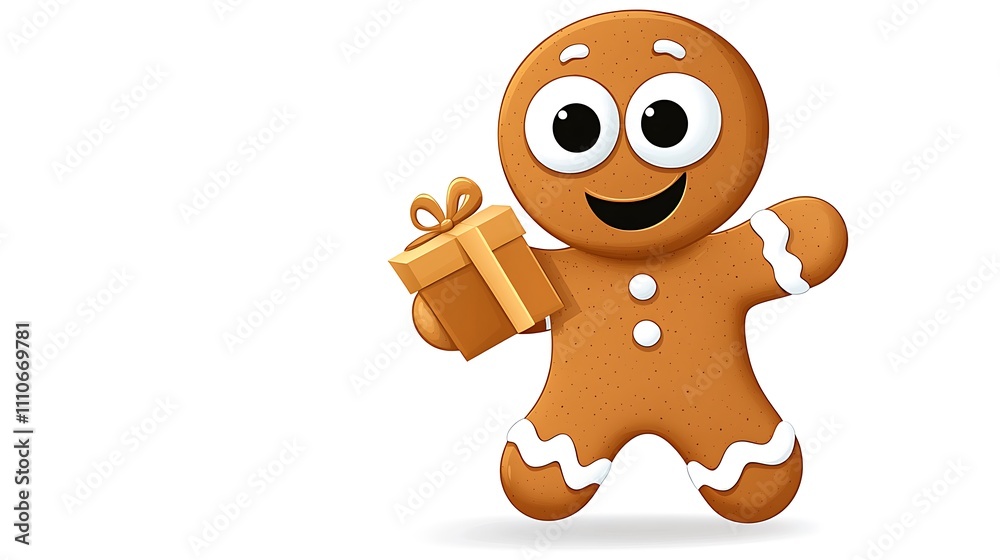 Obraz premium Cute cartoon illustration of a gingerbread man with big cheerful eyes, holding a small gift, isolated white background. 