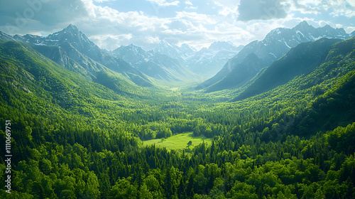 Majestic Mountain Valley Lush Green Forest Landscape