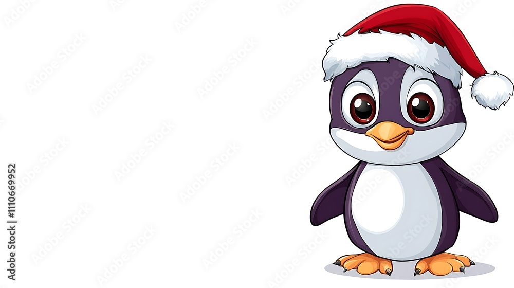 Obraz premium Cute cartoon illustration of a penguin with big shiny eyes wearing a Santa hat, isolated white background. 