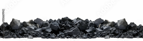 The image features a pile of dark, rough-textured coal, arranged in a way that emphasizes its natural, rugged appearance against a white background. photo