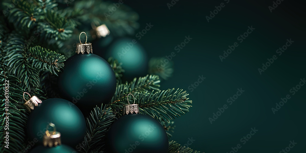  Close up of dark green,emerald shimmering Christmas balls. Christmas and New year background with decorations, lights, sparkles, bokeh. copy space. Xmas, Generative ai
