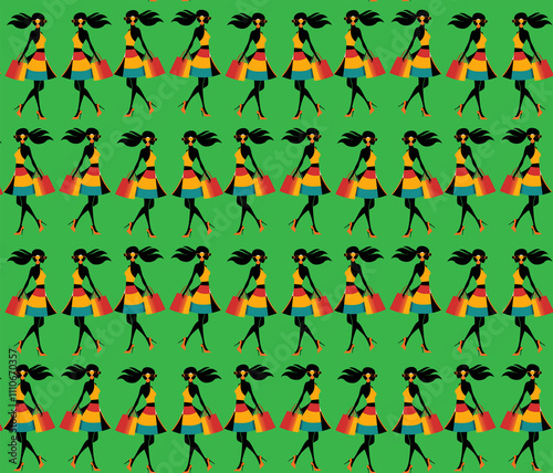 Seamless pattern with stylish women carrying shopping bags, perfect for fashion and retail designs.