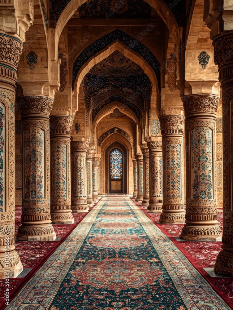 Obraz premium Majestic Corridor with Ornate Columns and Intricate Patterns