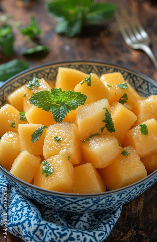 Fresh melon salad with cantaloupe, mint, and fork on wooden table Fresh melon salad with cantaloupe, mint, and fork on wooden table