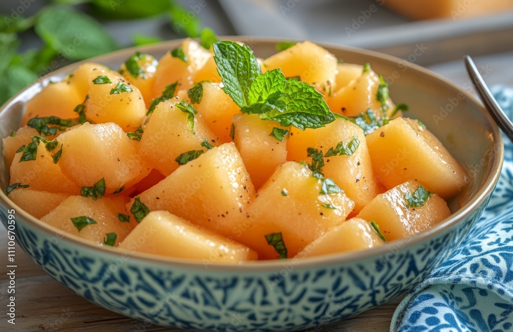 Fresh melon salad with cantaloupe, mint, and fork on wooden table Fresh melon salad with cantaloupe, mint, and fork on wooden table