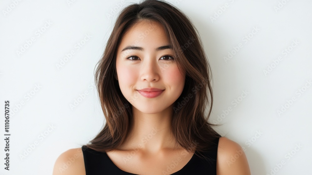 A fresh-faced Asian woman with radiant skin and a soft smile, perfectly centered on a white background for advertising A fresh-faced Asian woman with radiant skin and a soft smile, perfectly centered on a white background for advertising