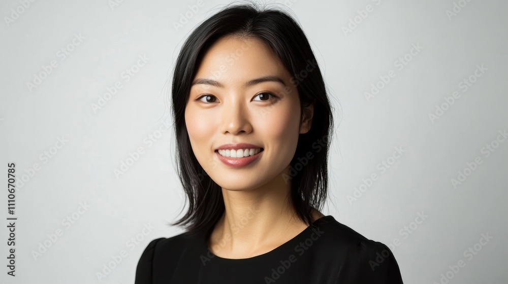 A fresh-faced Asian woman with radiant skin and a soft smile, perfectly centered on a white background for advertising