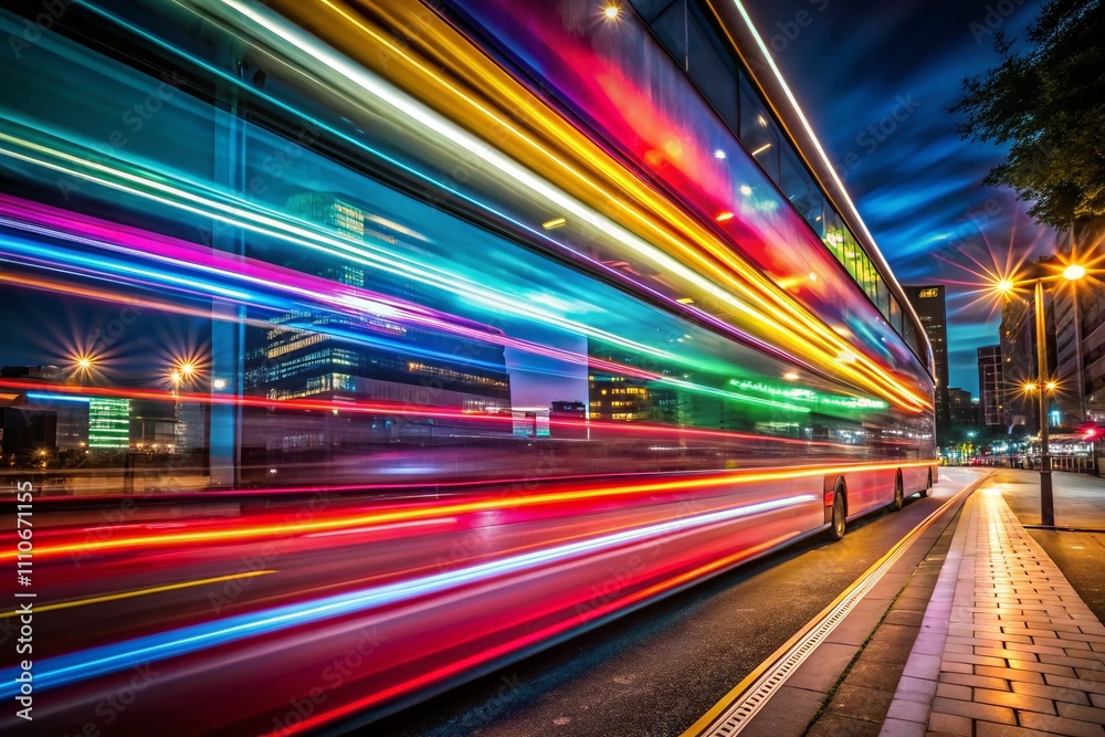 Colorful Light Trails of a Bus Captured with Long Exposure and Motion Blur Against a Dark Background, Isolated in the Foreground with Ample Copy Space for Design Use