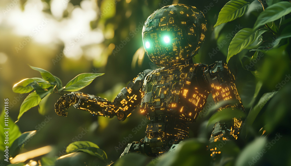 Fototapeta premium Futuristic robot interacts with nature, exploring the concept of AI in the environment.